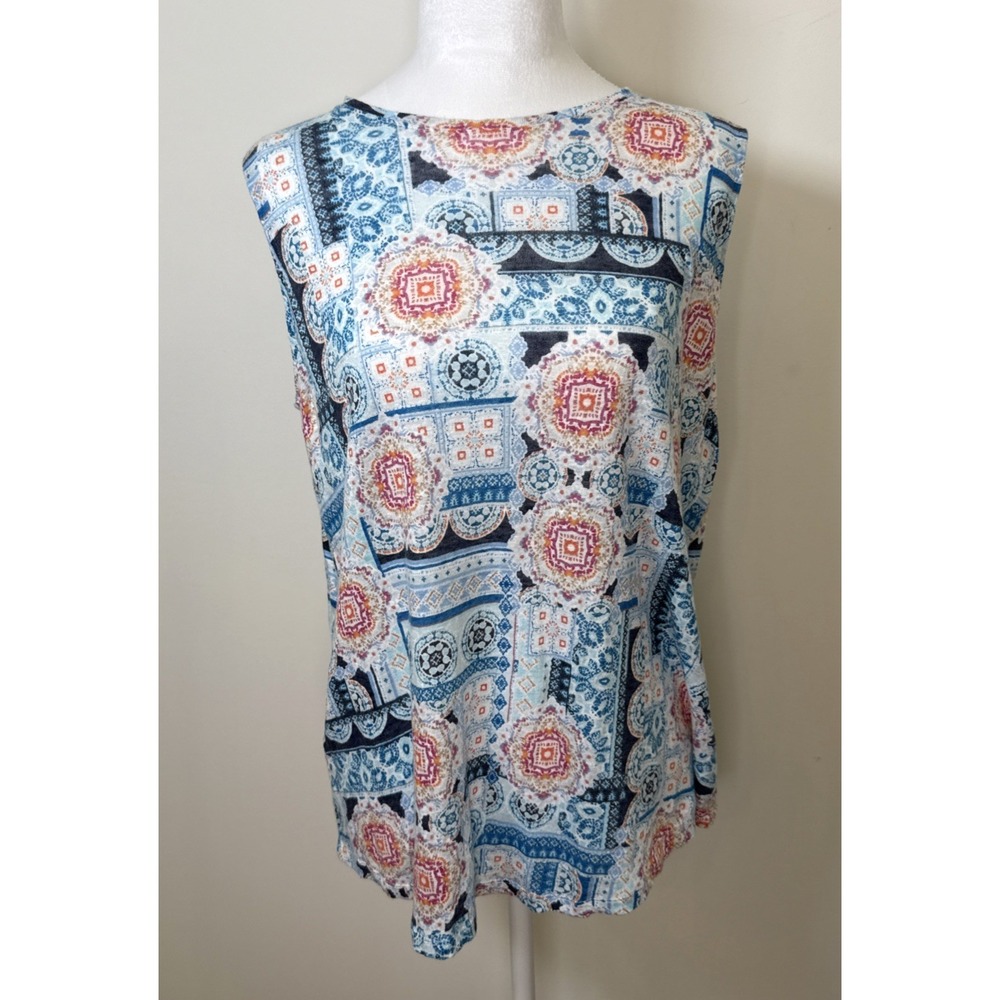 J. Jill Love Linen Sleeveless Tank Top S‎ Blue Paisley Flowy 100% Linen Coastal